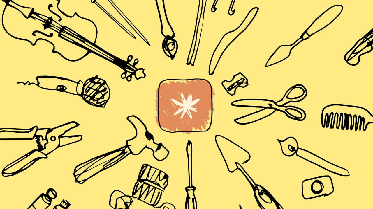 A field of hand-drawn creative tools — pencils, scissors, a violin, a camera — each turning to point at a small orange Claude mark that scatters them as it moves.