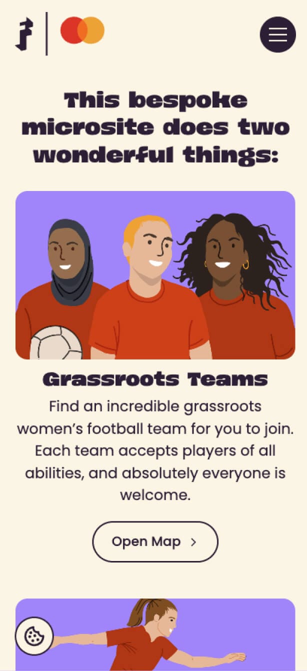 Mobile microsite home with the Freeda and Mastercard lockup and the Grassroots Teams card