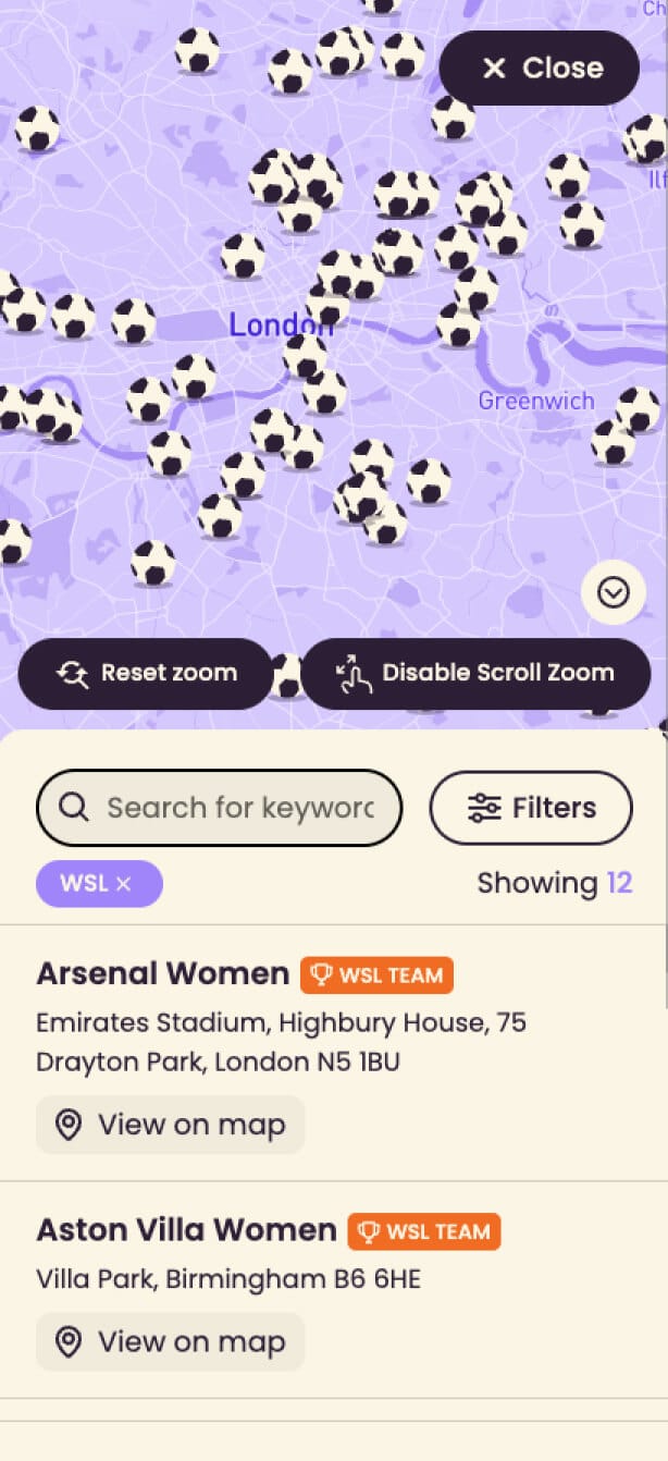 Mobile map view of London dotted with football markers above the club list