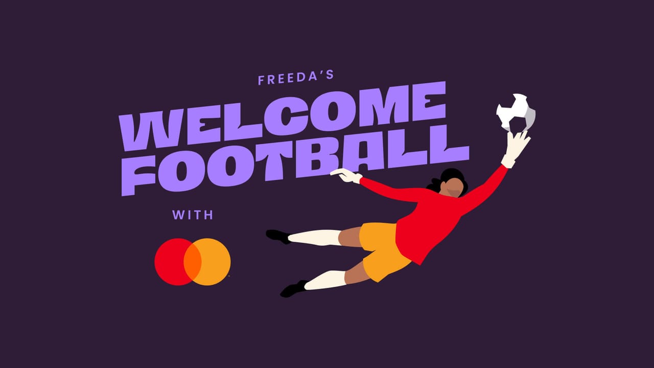 Freeda's Welcome Football with Mastercard key art with the diving goalkeeper illustration