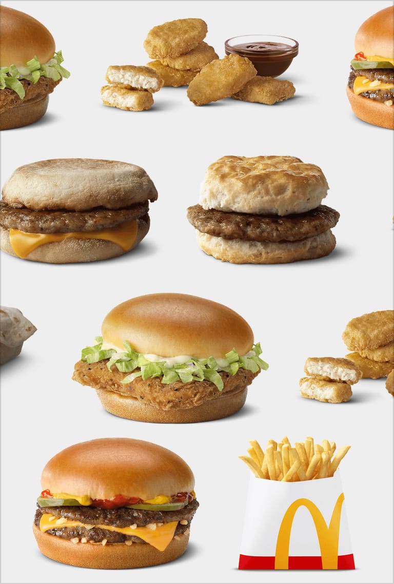 McValue menu items, burgers, McMuffins, nuggets and fries, laid out on a light grid